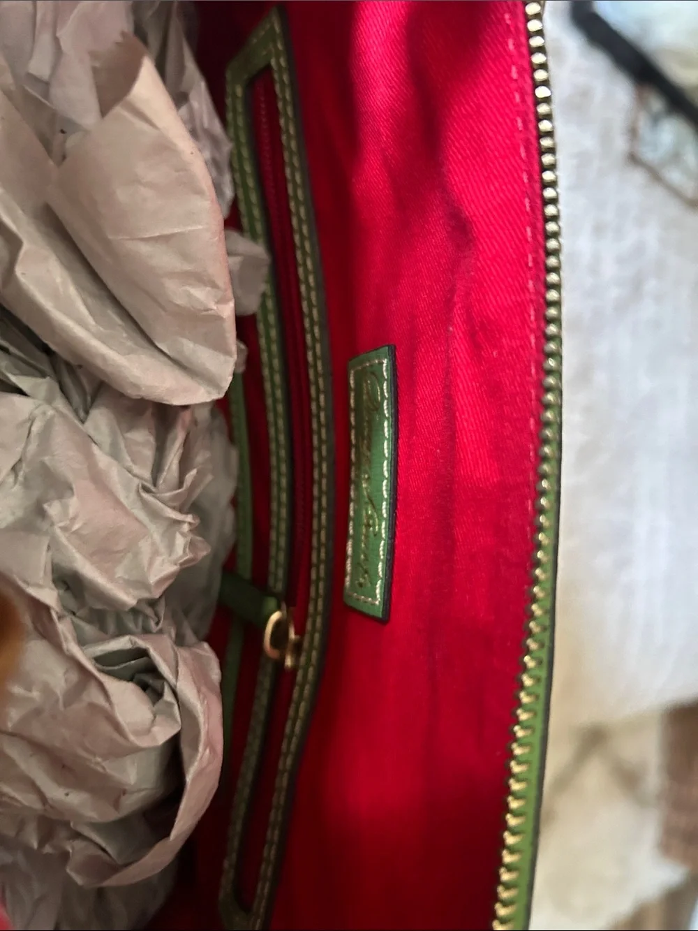 Dooney & Bourke Bright Green Saffiano Satchel with Red Trim